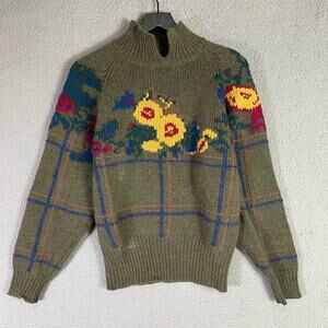 Vintage J. Christopher Shetland Wool Knit Sweater Large Green Floral Cottagecore